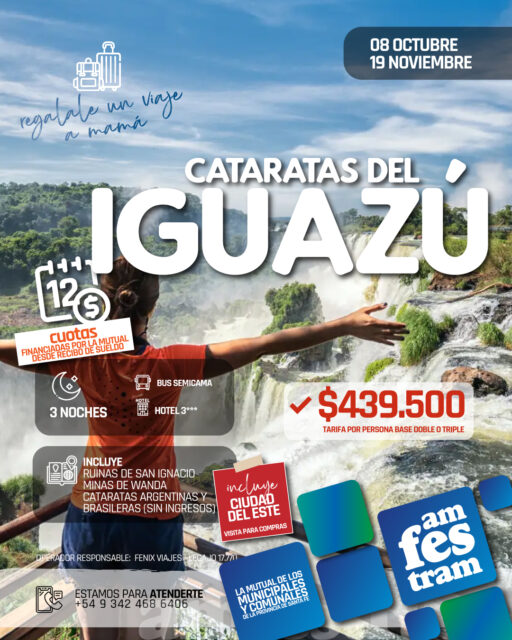 💦 La fuerza de la naturaleza te espera en Iguazú

Viajá con AMFESTRAM y descubrí uno de los paisajes más imponentes de nuestro país.

📅 Salidas: 8 de octubre y 19 de noviembre
🌙 3 noches
🚌 Bus semicama
🏨 Hotel 3 estrellas
🗺️ Ruinas de San Ignacio, Minas de Wanda y Cataratas argentinas y brasileñas
🛍️ Visita de compras a Ciudad del Este

Valor por persona: $439.500, en base doble o triple, financiado en hasta 12 cuotas por la Mutual mediante recibo de sueldo.

📲 Consultas y reservas: +54 9 342 468 6406

Un viaje donde la selva respira y el agua lo transforma todo. 🌿