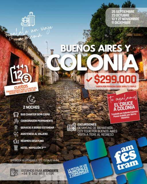 ✨ Dos ciudades, un viaje inolvidable

Viajá con AMFESTRAM y descubrí la energía de Buenos Aires y el encanto histórico de Colonia del Sacramento.

📅 Salidas: 25 de septiembre, 23 de octubre, 13 y 27 de noviembre y 11 de diciembre
🌙 2 noches
🚌 Bus chárter semicama
🏨 Hotel Napoleón 3 estrellas con desayuno
🗺️ City tour por Buenos Aires y visita a Tigre
⛴️ ¡Cruce a Colonia de regalo!, con traslado y paseo guiado por el Barrio Histórico

Valor por persona: $299.000, en base doble o triple, financiado en hasta 12 cuotas por la Mutual mediante recibo de sueldo.

📲 Consultas y reservas: +54 9 342 468 6406

Dos orillas, nuevas historias y recuerdos para siempre. 💙